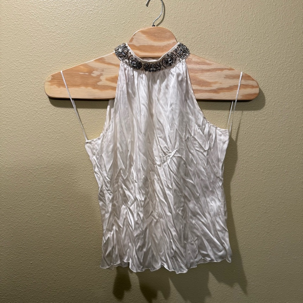Women’s XL NWT Cache White Silk Bedazzled Neck Halter Tank Top